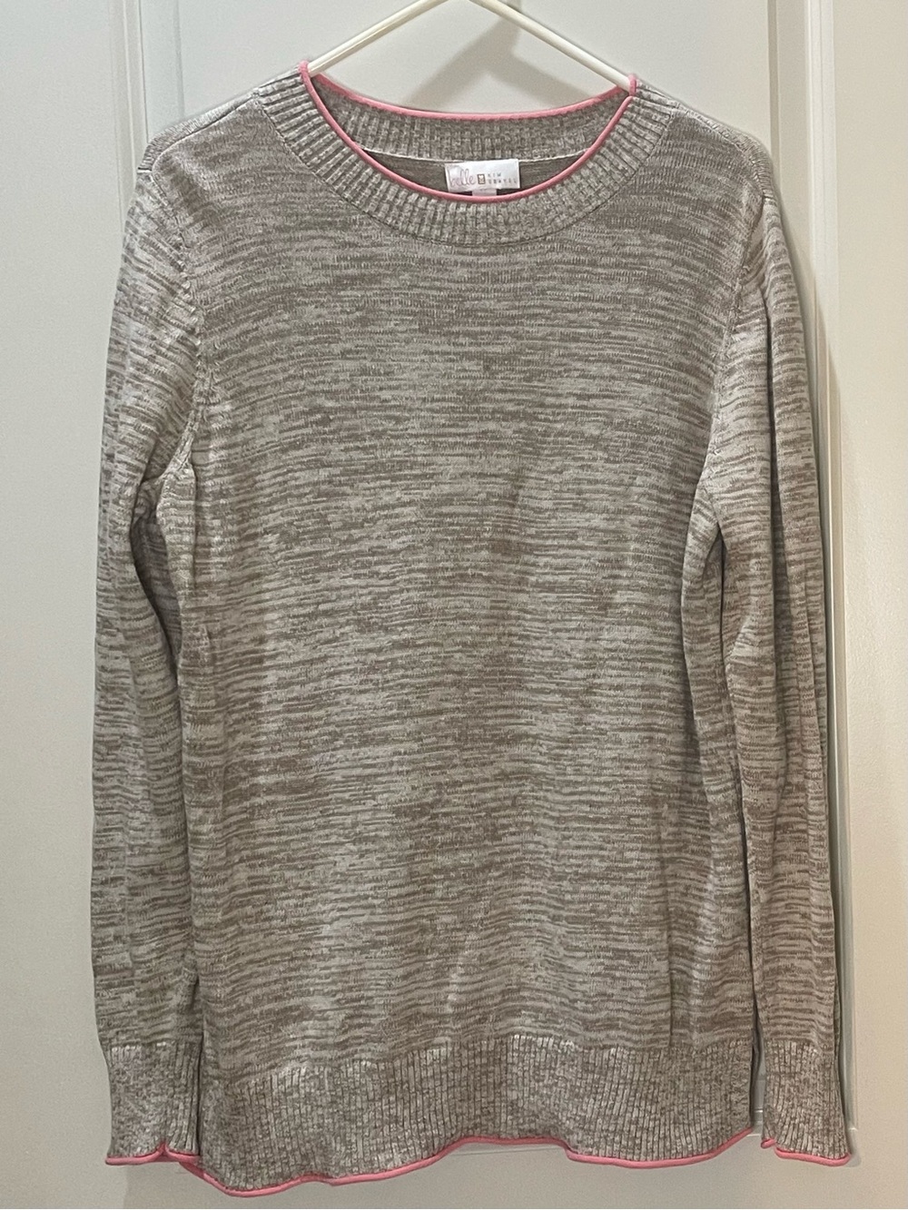 Belle by Kim Gravel 100% Cotton Tan Marled Sweater with Pink Trim L